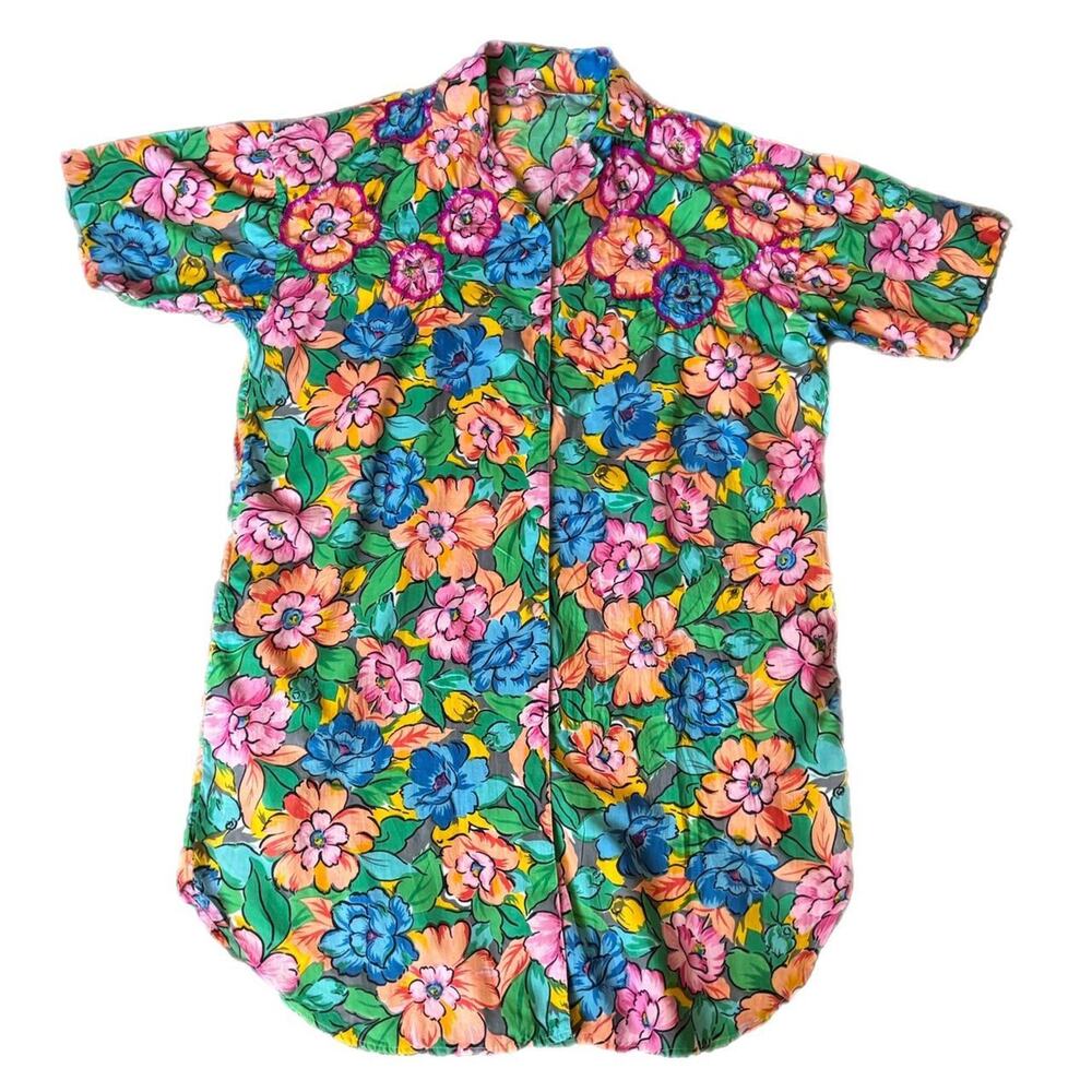 70s floral button up shirt dress with sequin detail (womens large)